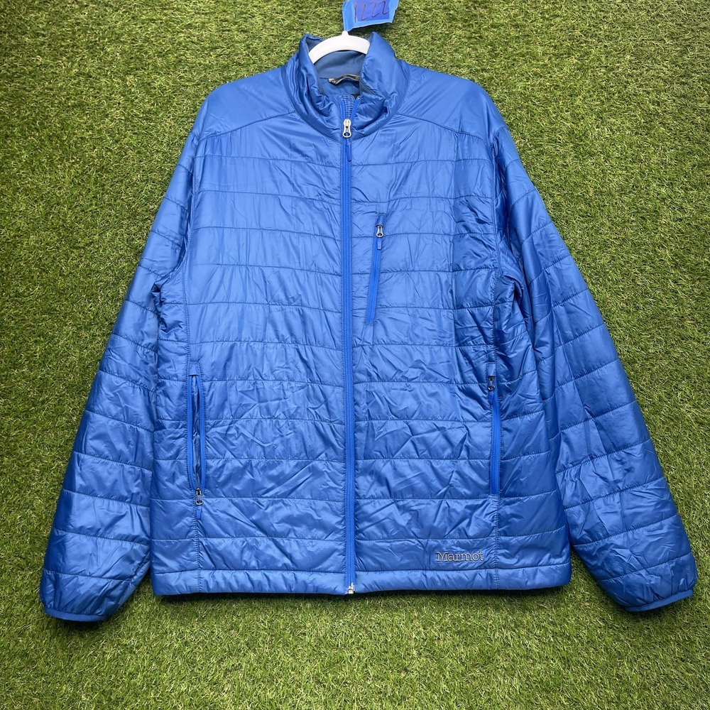 Marmot Jacket Mens XL Blue Puffer Insulated Bud Light Beer Logo Hiking Full Zip